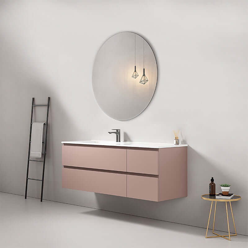 Mobile bagno sospeso 140 cm Rosa Retro con lavabo e specchio rotondo, design contemporaneo e funzionalità. (25686844)