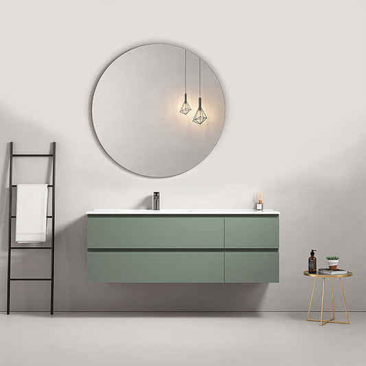 Mobile bagno sospeso 140 cm Verde Salvia con lavabo a sinistra e specchio tondo nella collezione Fiji. (25687043)