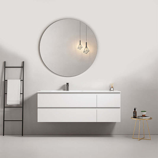 Mobile bagno sospeso bianco con lavabo a sinistra e specchio tondo in un design moderno e minimalista. (25686099)