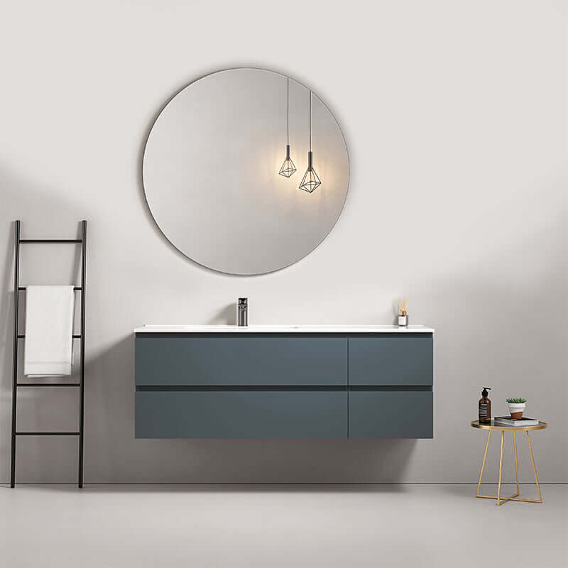 Mobile bagno sospeso 140 cm Blu Mare con lavabo a sinistra e specchio tondo, design moderno e funzionale. (25686307)