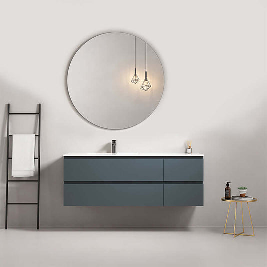 Mobile bagno sospeso 140 cm Blu Mare con lavabo a sinistra e specchio tondo, design moderno e funzionale. (25686307)