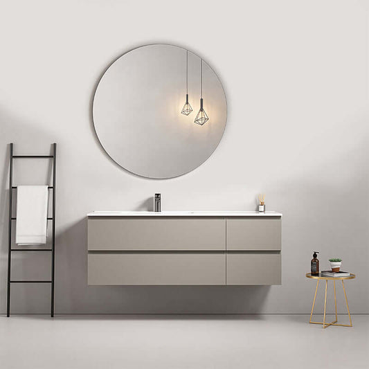 Mobile bagno sospeso grigio cenere con lavabo a sinistra e specchio tondo, design moderno e funzionale. (25686555)
