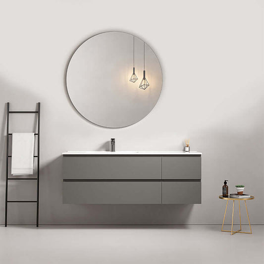 Mobile bagno sospeso grigio Londra con specchio tondo e accenti di design moderno. (25686753)