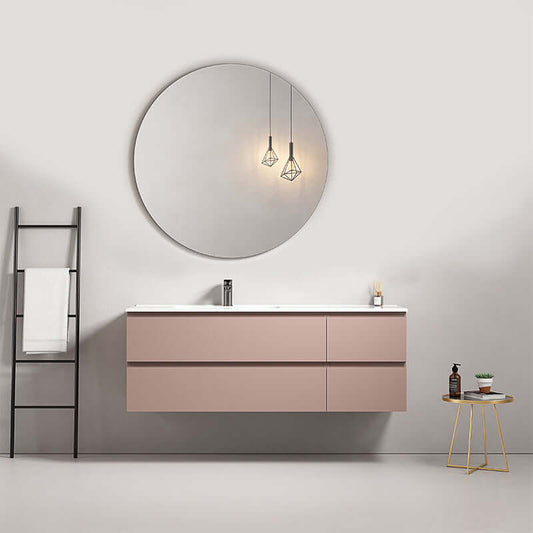 Mobile bagno sospeso 140 cm Rosa Retro con lavabo a sinistra e specchio tondo, design moderno e funzionale. (25686843)