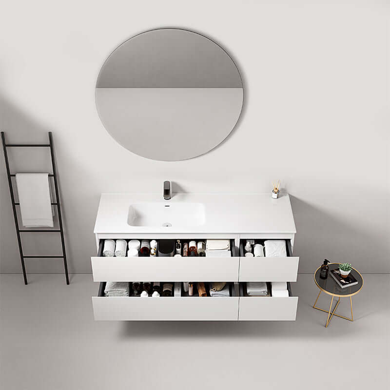 Mobile bagno sospeso 140 cm Bianco con lavabo a sinistra, specchio tondo e cassetti rustic design. (25686101)