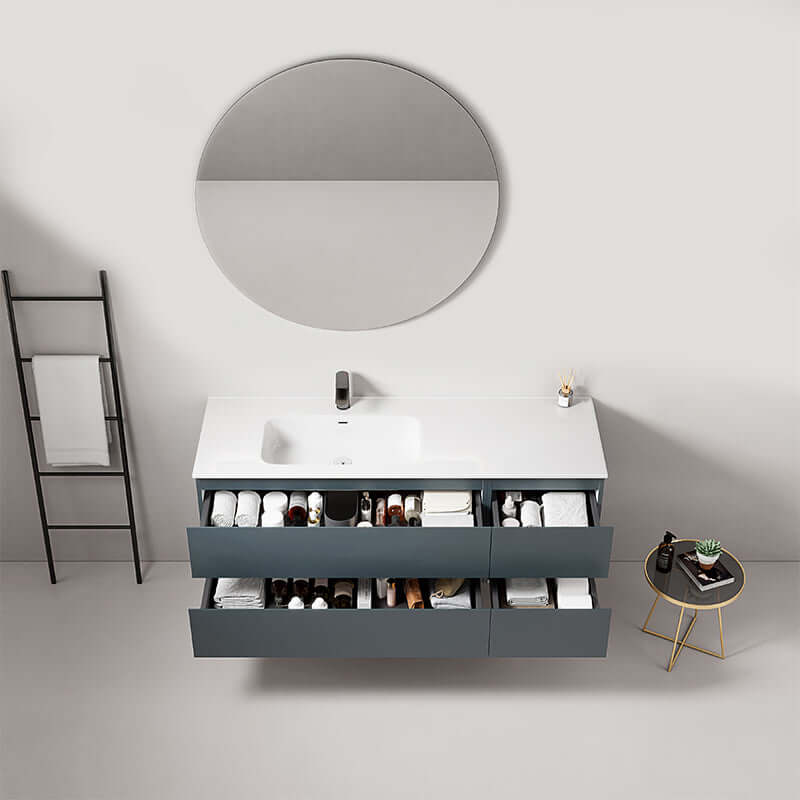 Mobile bagno sospeso Fiji Blu Mare con lavabo a sinistra e specchio tondo, design moderno e funzionale. (25686309)