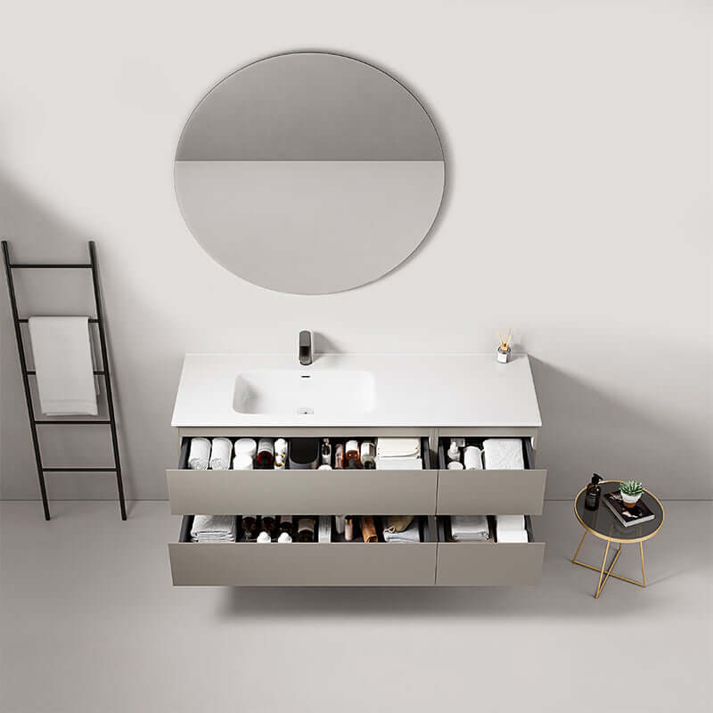 Mobile bagno sospeso 140 cm Grigio Cenere con lavabo a sinistra e specchio tondo, design moderno e funzionale. (25686557)