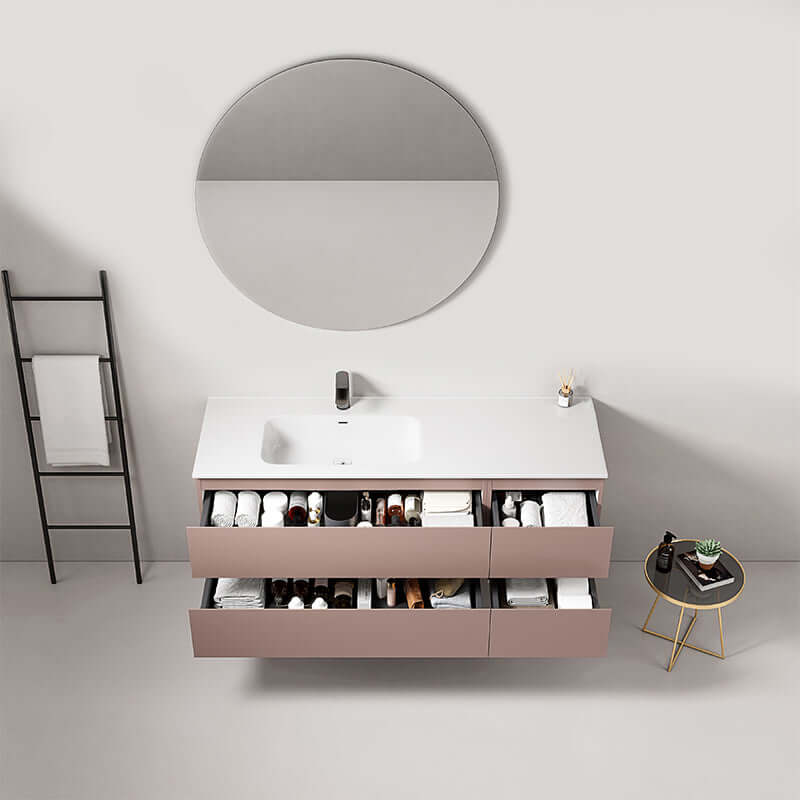 Mobile bagno sospeso 140 cm in rosa retro con lavabo a sinistra e specchio tondo, design moderno e funzionale. (25686845)