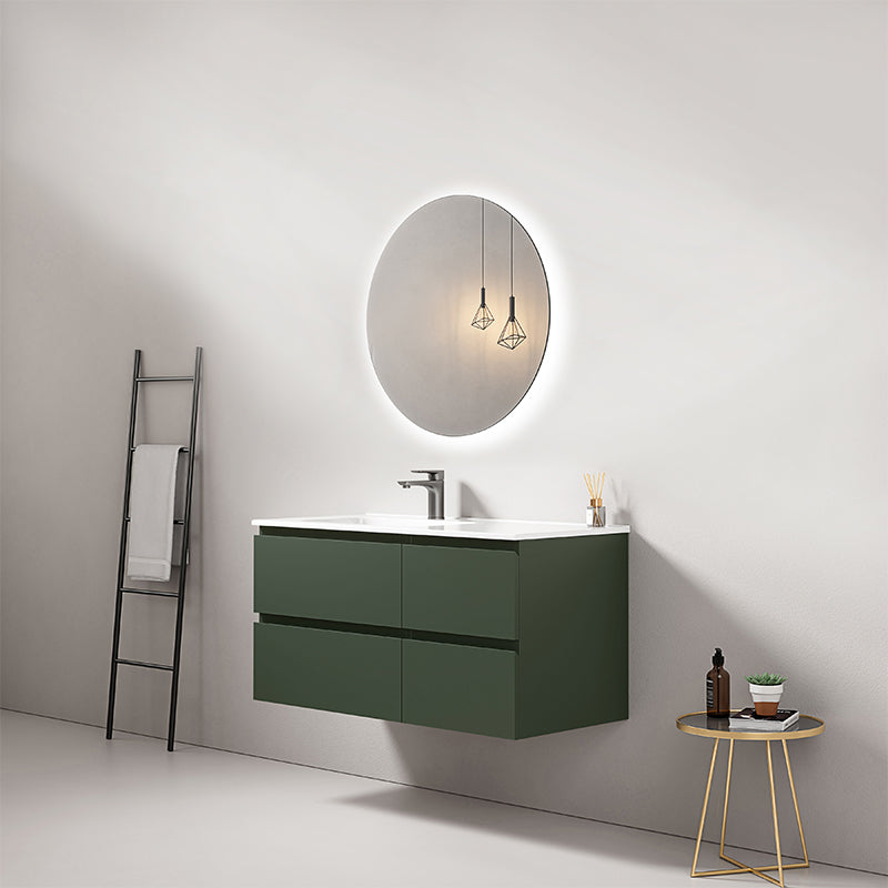 Mobile bagno sospeso 100 cm Verde Comodoro Lavabo a Sinistra in Ceramica Specchio Tondo Retroilluminato - Fiji Paint