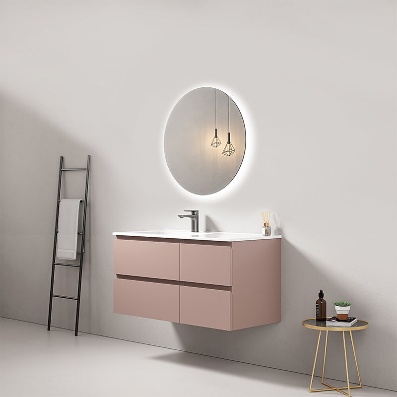 Mobile bagno sospeso 100 cm Rosa Retro Lavabo a Sinistra in Ceramica Specchio Tondo Retroilluminato - Fiji Paint