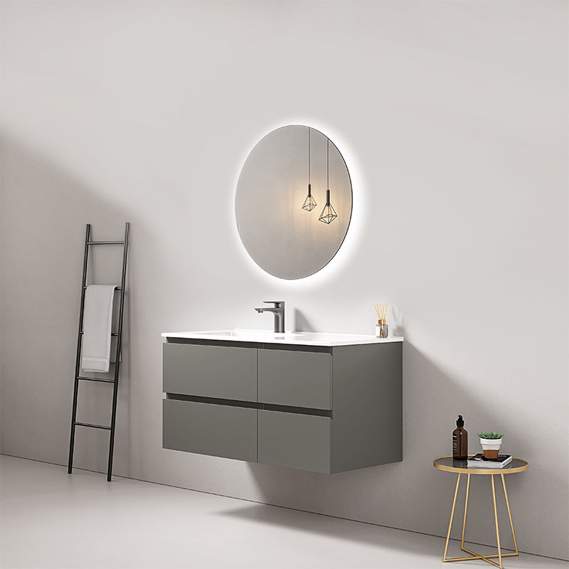 Mobile bagno sospeso 100 cm Grigio Londra Lavabo a Sinistra in Ceramica Specchio Tondo Retroilluminato - Fiji Paint