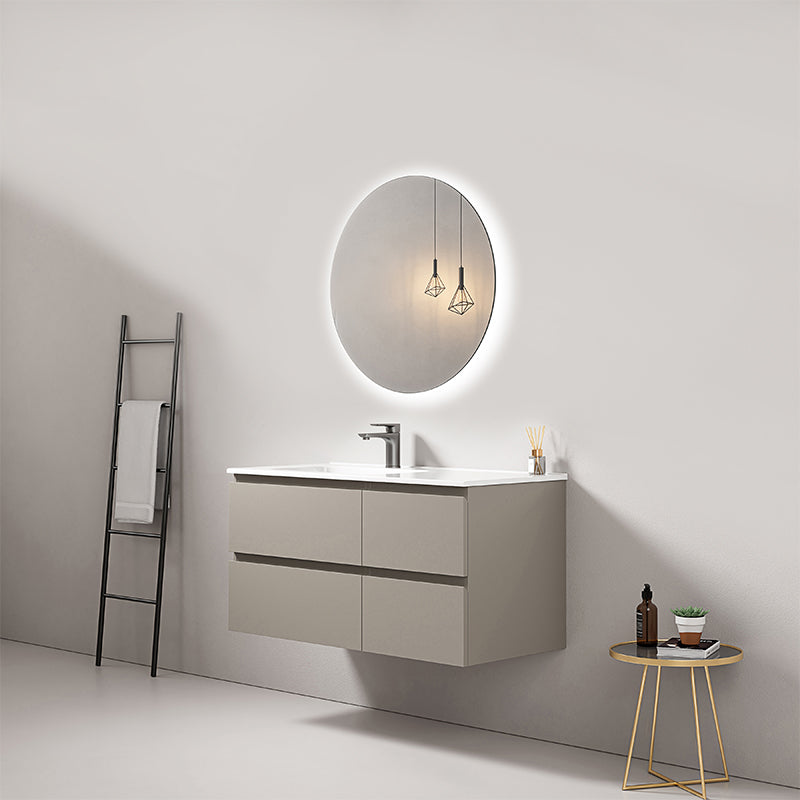 Mobile bagno sospeso 100 cm Grigio Cenere Lavabo a Sinistra in Ceramica Specchio Tondo Retroilluminato - Fiji Paint