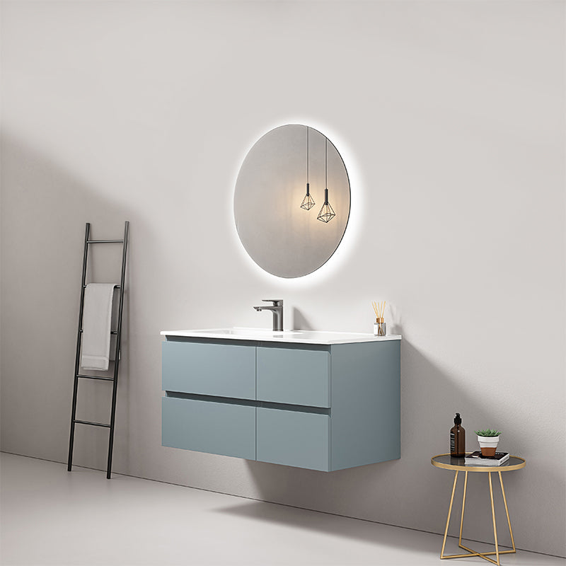 Mobile bagno sospeso 100 cm Blu Avio Lavabo a Sinistra in Ceramica Specchio Tondo Retroilluminato - Fiji Paint