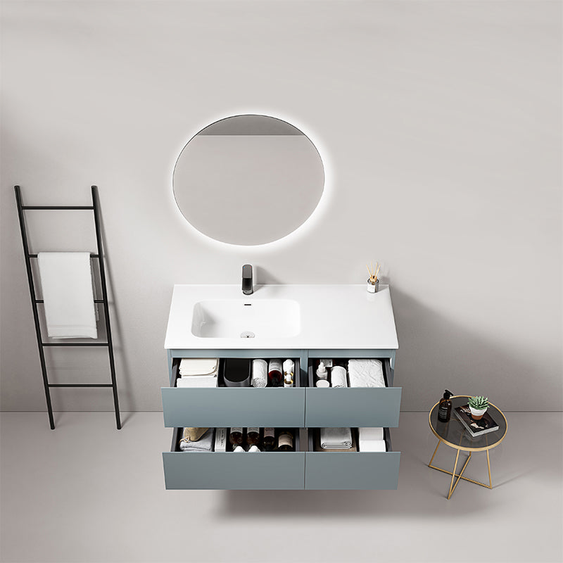 Mobile bagno sospeso 100 cm Blu Avio Lavabo a Sinistra in Ceramica Specchio Tondo Retroilluminato - Fiji Paint