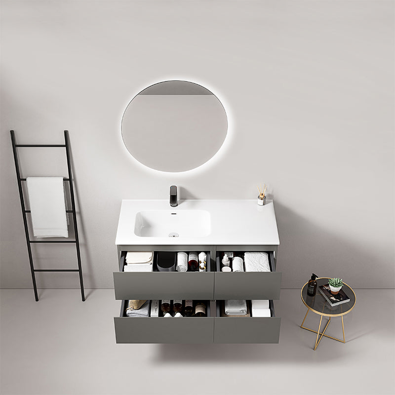 Mobile bagno sospeso 100 cm Grigio Londra Lavabo a Sinistra in Ceramica Specchio Tondo Retroilluminato - Fiji Paint