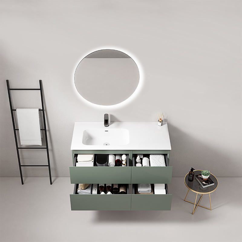 Mobile bagno sospeso 100 cm Verde Salvia Lavabo a Sinistra in Ceramica Specchio Tondo Retroilluminato - Fiji Paint