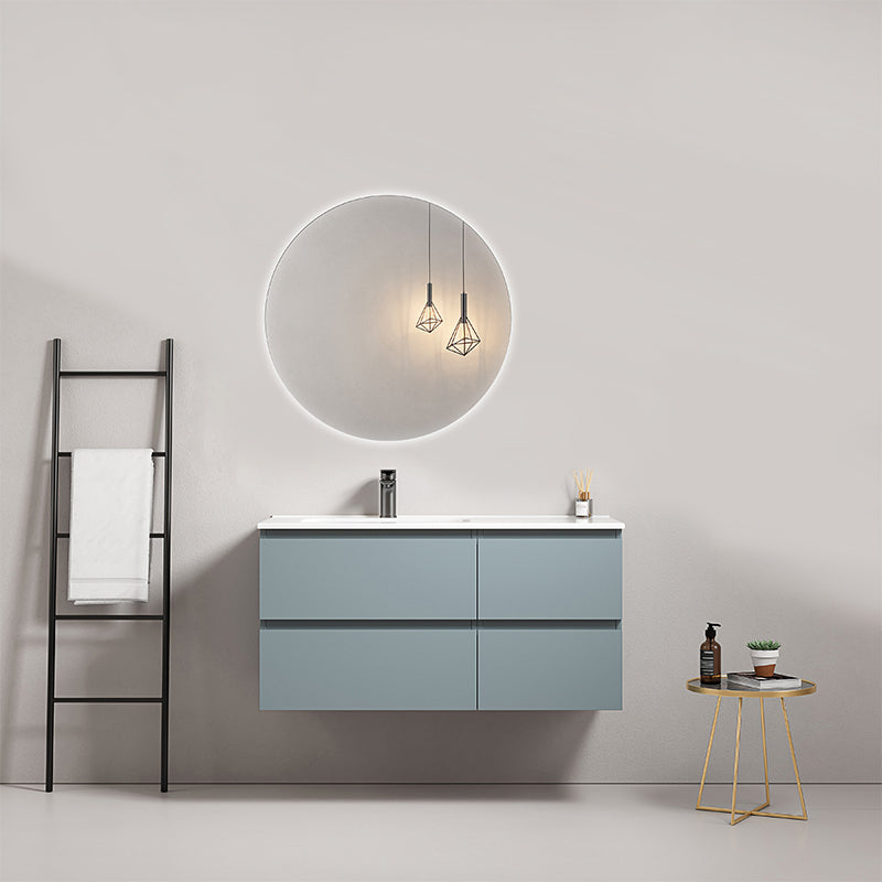 Mobile bagno sospeso 100 cm Blu Avio Lavabo a Sinistra in Ceramica Specchio Tondo Retroilluminato - Fiji Paint