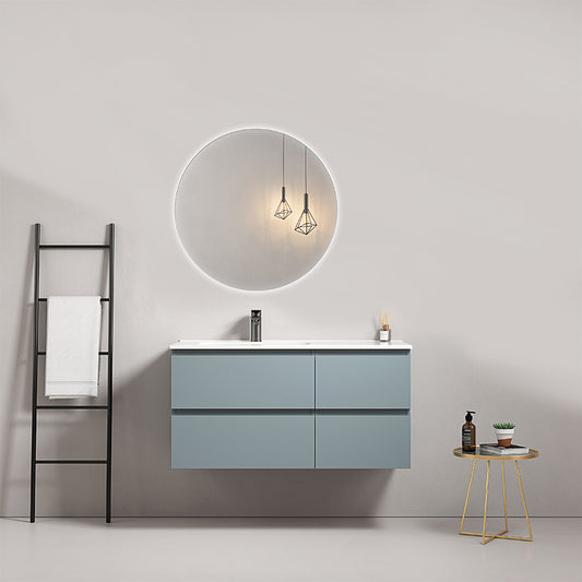 Mobile bagno sospeso 100 cm Blu Avio Lavabo a Sinistra in Ceramica Specchio Tondo Retroilluminato - Fiji Paint