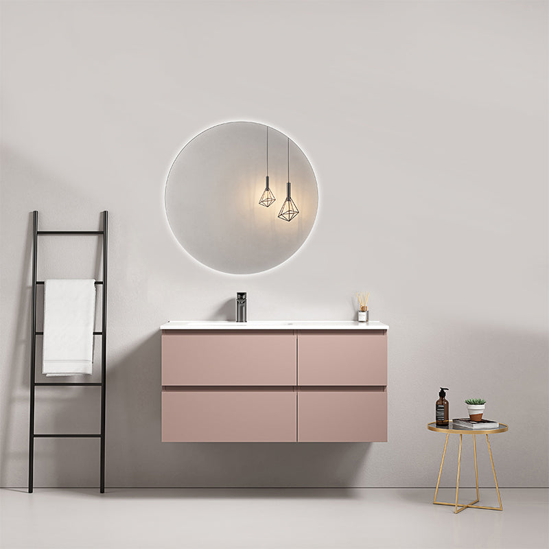 Mobile bagno sospeso 100 cm Rosa Retro Lavabo a Sinistra in Ceramica Specchio Tondo Retroilluminato - Fiji Paint