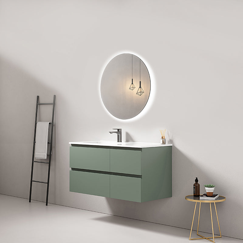 Mobile bagno sospeso 100 cm Verde Salvia Lavabo a Sinistra in Ceramica Specchio Tondo Retroilluminato - Fiji Paint