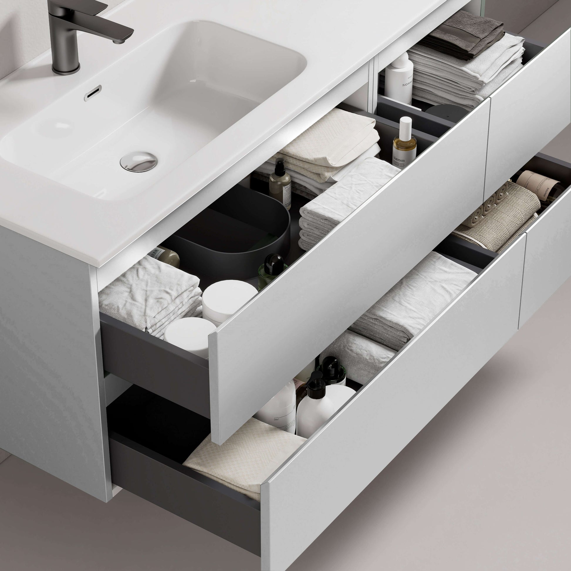 Mobile bagno sospeso Fiji con lavabo a sinistra e cassetti organizzati, in tonalità bianca e design moderno. (25686108)