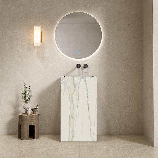 Lavabo Freestanding in Gres Opaco Calacatta 60 cm Specchio Tondo Retroilluminato - Pedestal