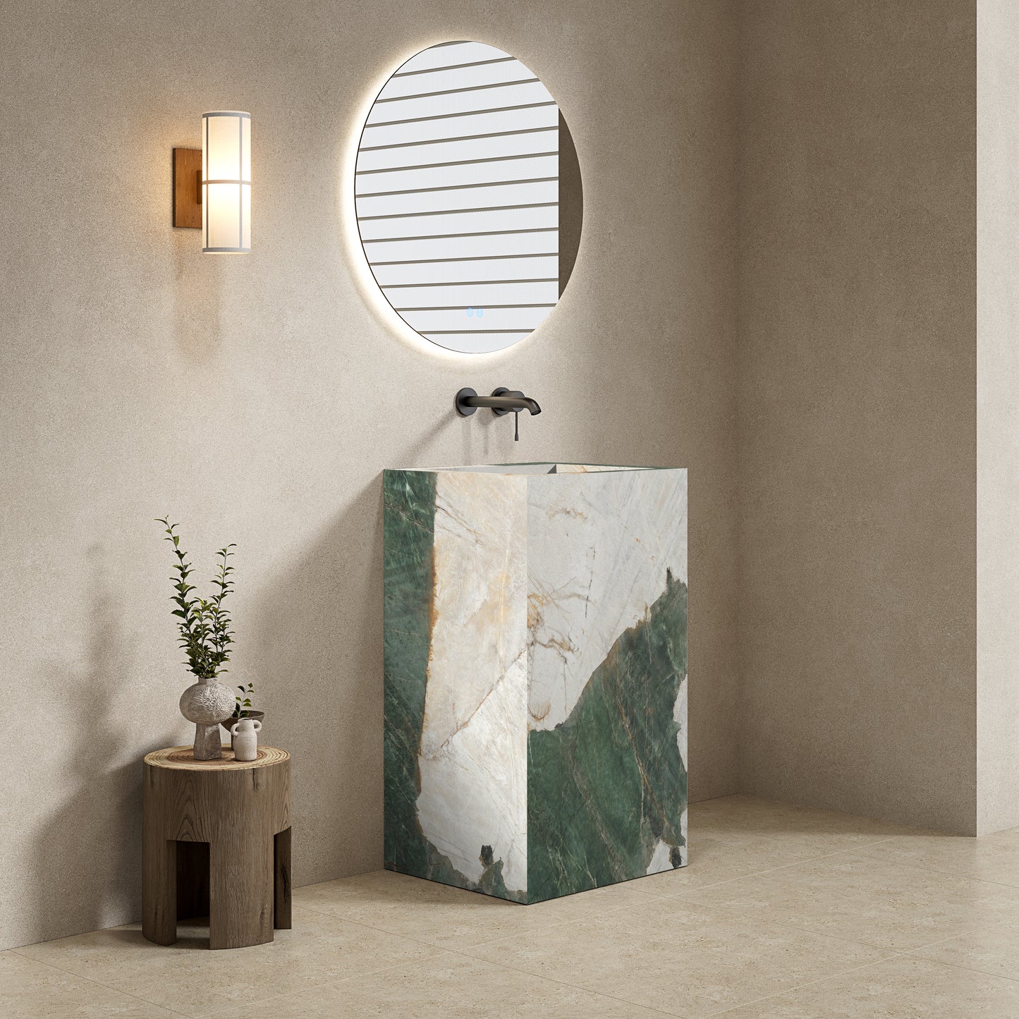 Lavabo Freestanding in Gres Lucido Heritage Aqua 60 cm Specchio Tondo Retroilluminato - Pedestal