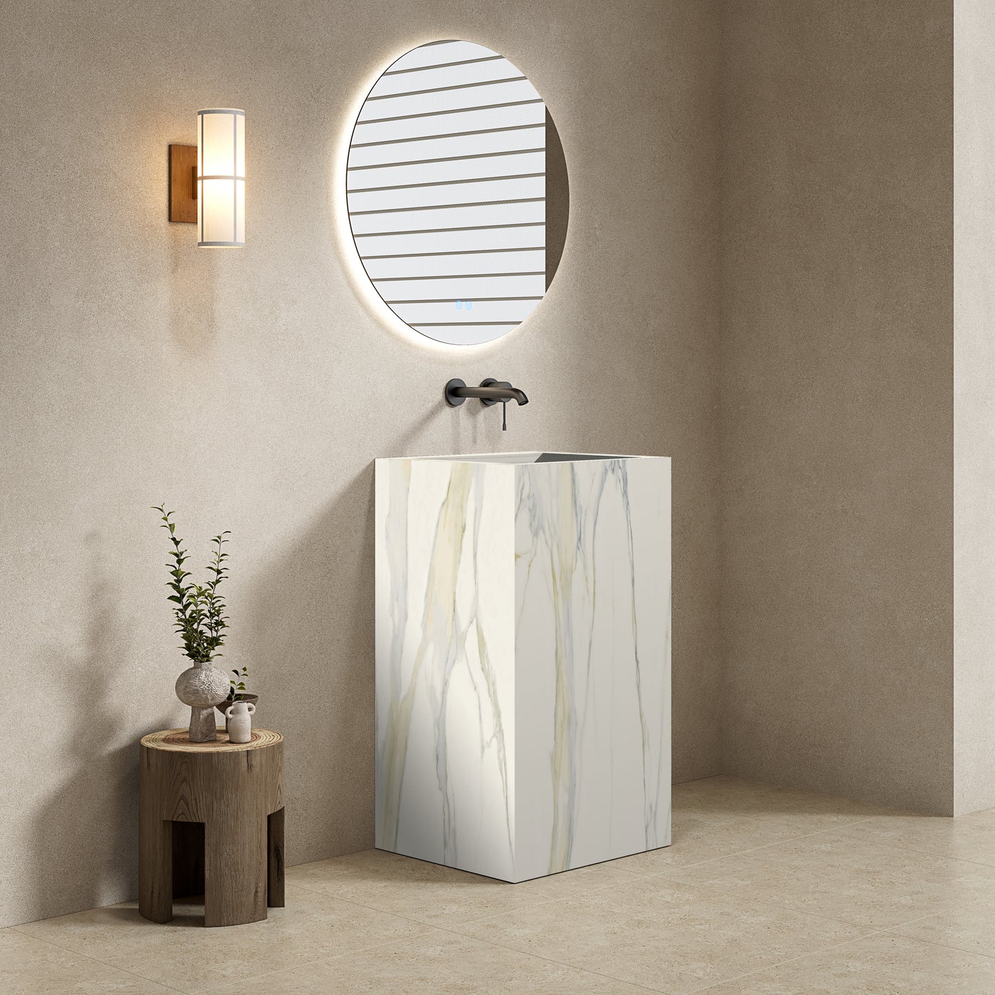 Lavabo Freestanding in Gres Lucido Calacatta 60 cm Specchio Tondo Retroilluminato - Pedestal