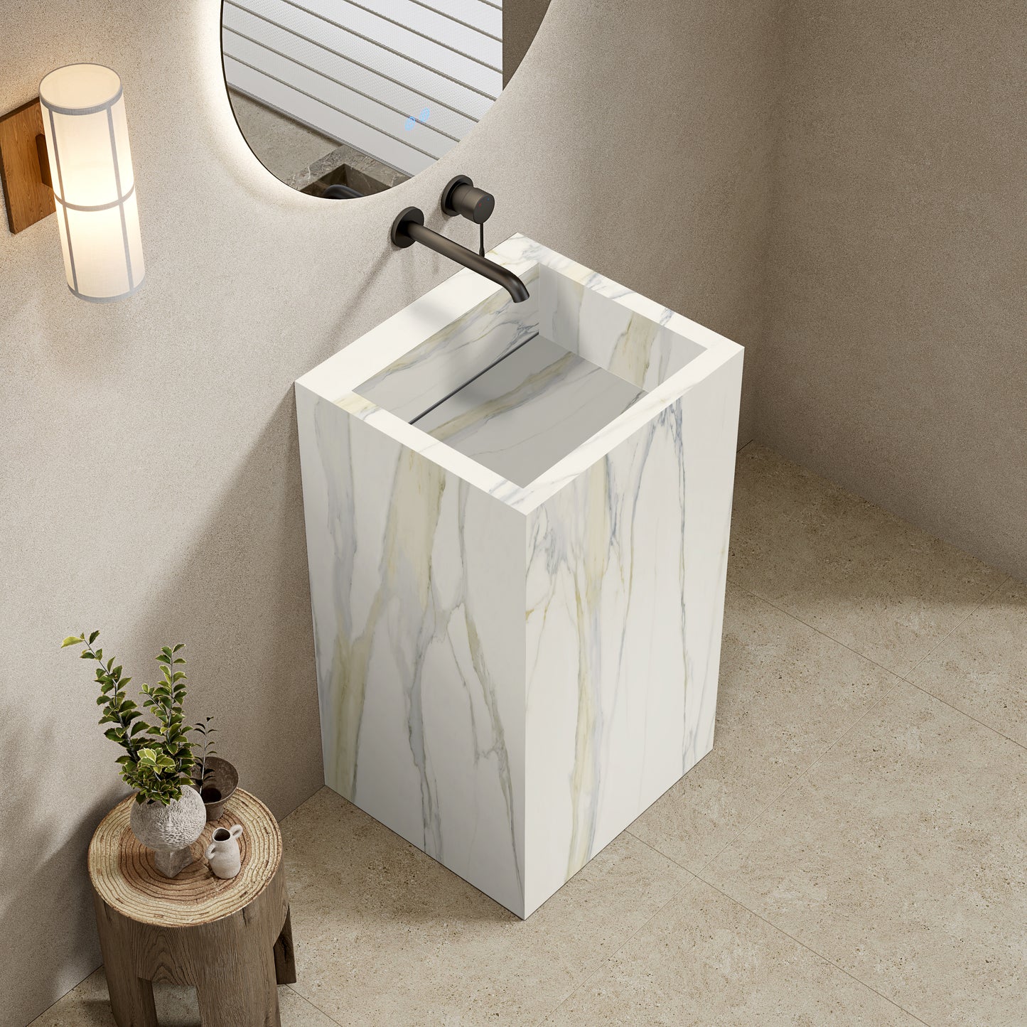 Lavabo Freestanding in Gres Lucido Calacatta 60 cm Specchio Tondo Retroilluminato - Pedestal