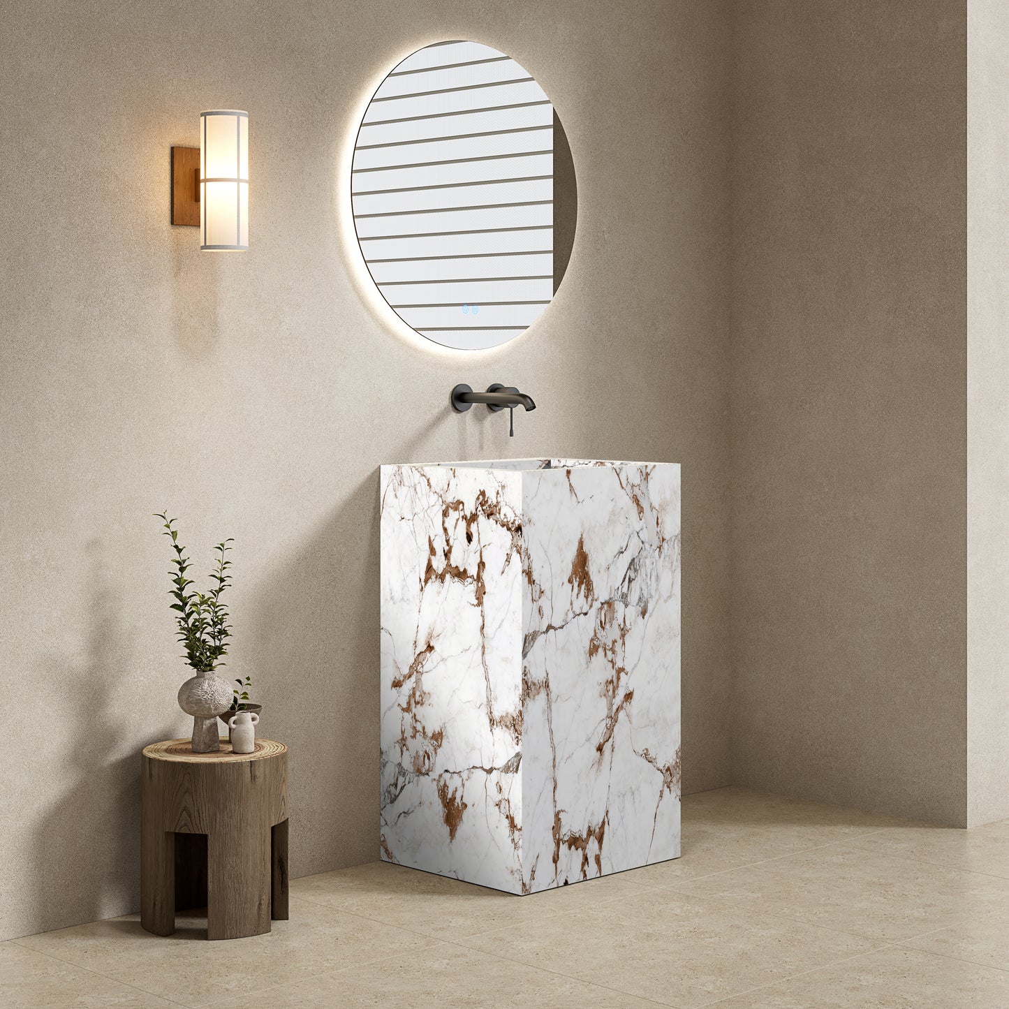 Lavabo Freestanding in Gres Lucido Capraia 60 cm Specchio Tondo Retroilluminato - Pedestal
