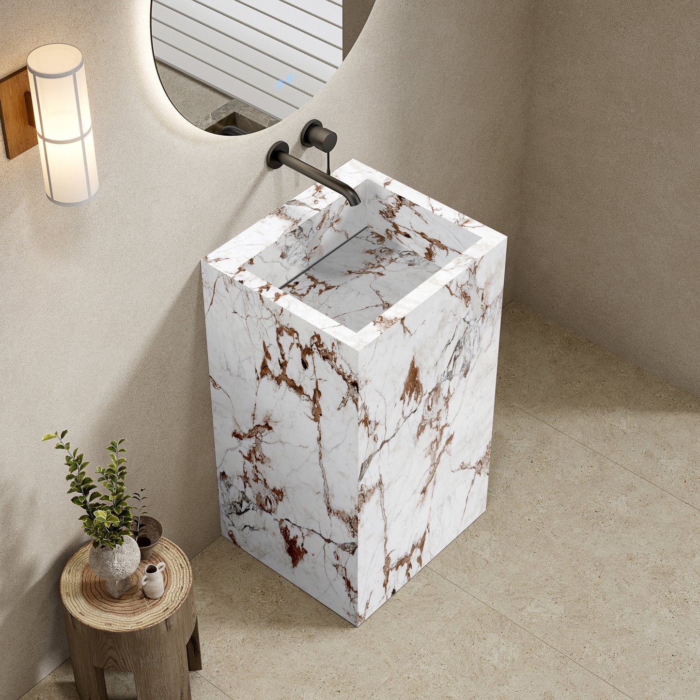 Lavabo Freestanding in Gres Lucido Capraia 60 cm Specchio Tondo Retroilluminato - Pedestal