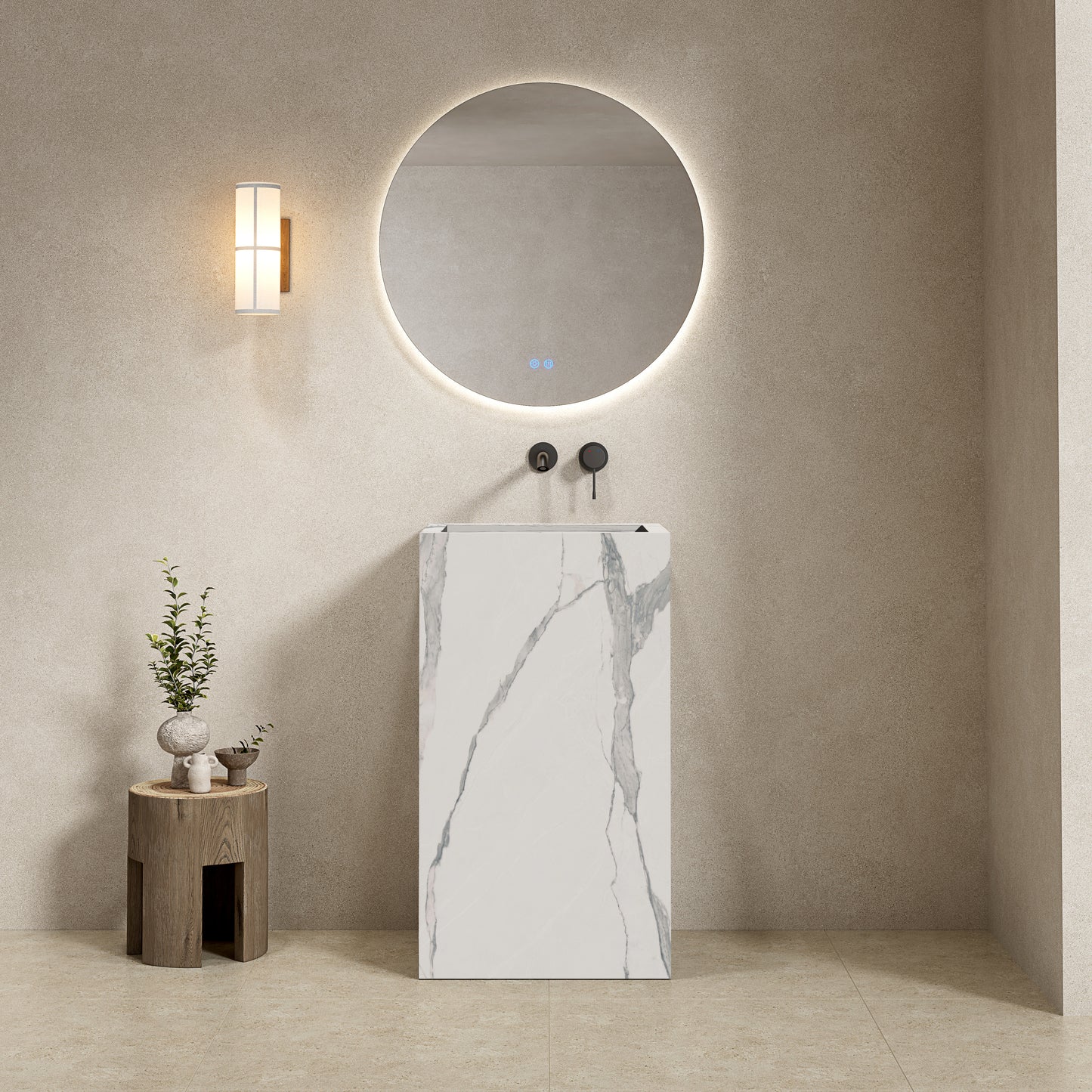 Lavabo Freestanding in Gres Opaco Carrara 60 cm Specchio Tondo Retroilluminato - Pedestal