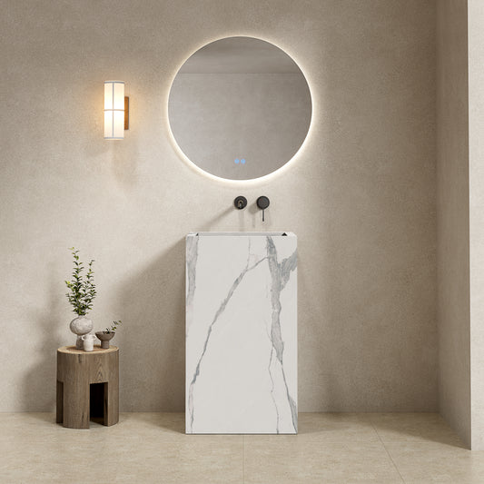 Lavabo Freestanding in Gres Opaco Carrara 60 cm Specchio Tondo Retroilluminato - Pedestal