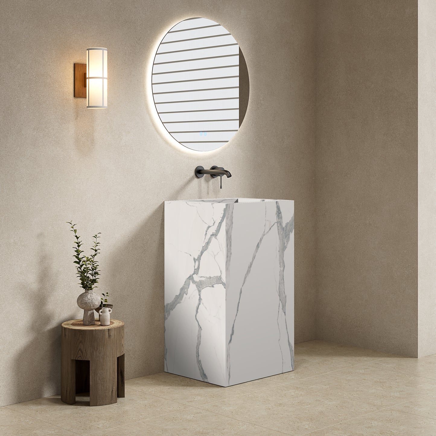 Lavabo Freestanding in Gres Opaco Carrara 60 cm Specchio Tondo Retroilluminato - Pedestal