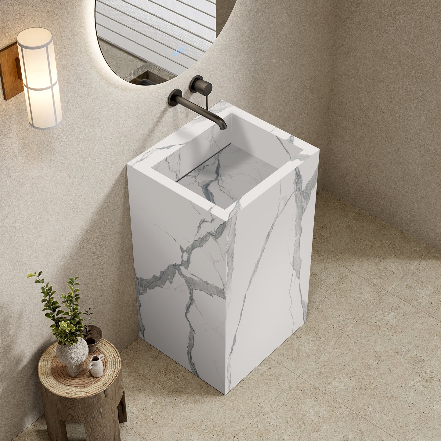 Lavabo Freestanding in Gres Opaco Carrara 60 cm Specchio Tondo Retroilluminato - Pedestal