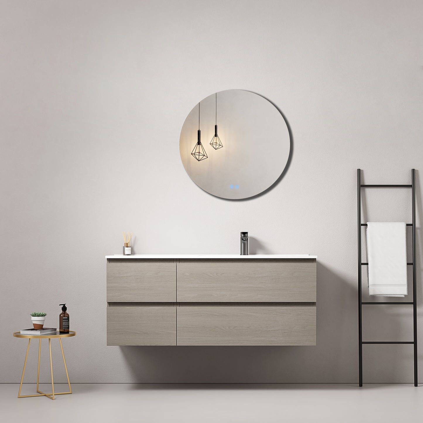 Mobile bagno sospeso 120 cm Beige Lavabo a Destra in Ceramica Specchio Tondo Retroilluminato - Fiji Wood