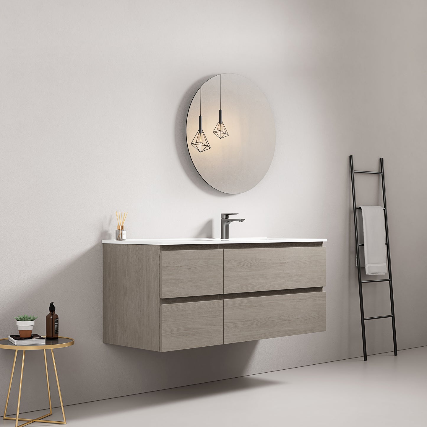Mobile bagno sospeso 120 cm Beige Lavabo a Destra in Ceramica Specchio Tondo Retroilluminato - Fiji Wood
