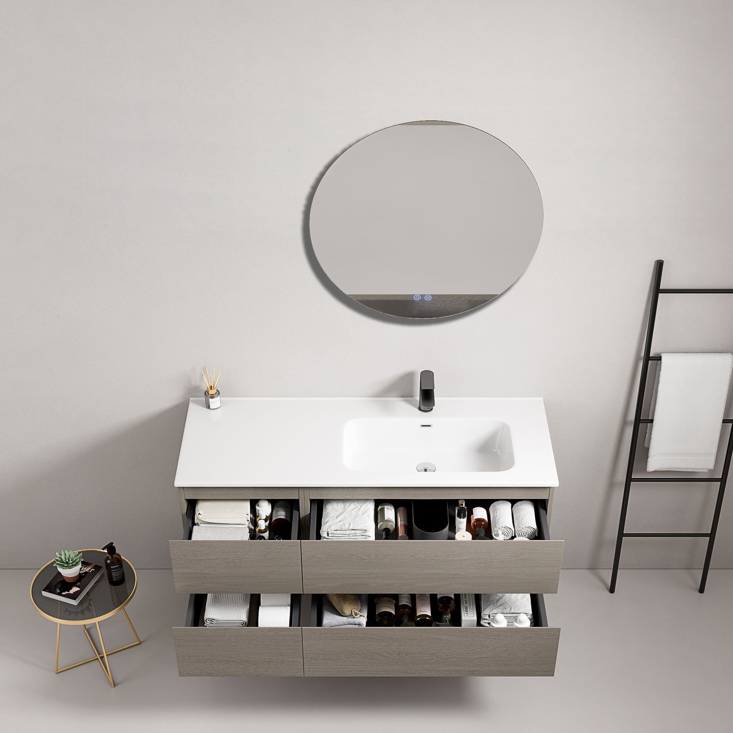 Mobile bagno sospeso 120 cm Beige Lavabo a Destra in Ceramica Specchio Tondo Retroilluminato - Fiji Wood