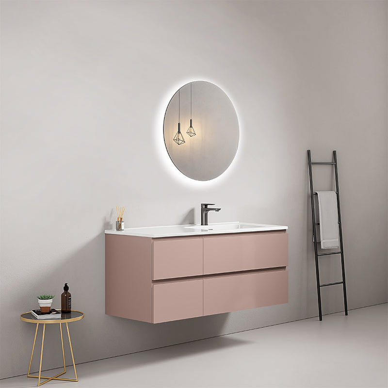 Mobile bagno sospeso 120 cm Rosa Retro Lavabo a Destra in Ceramica Specchio Tondo Retroilluminato - Fiji Paint