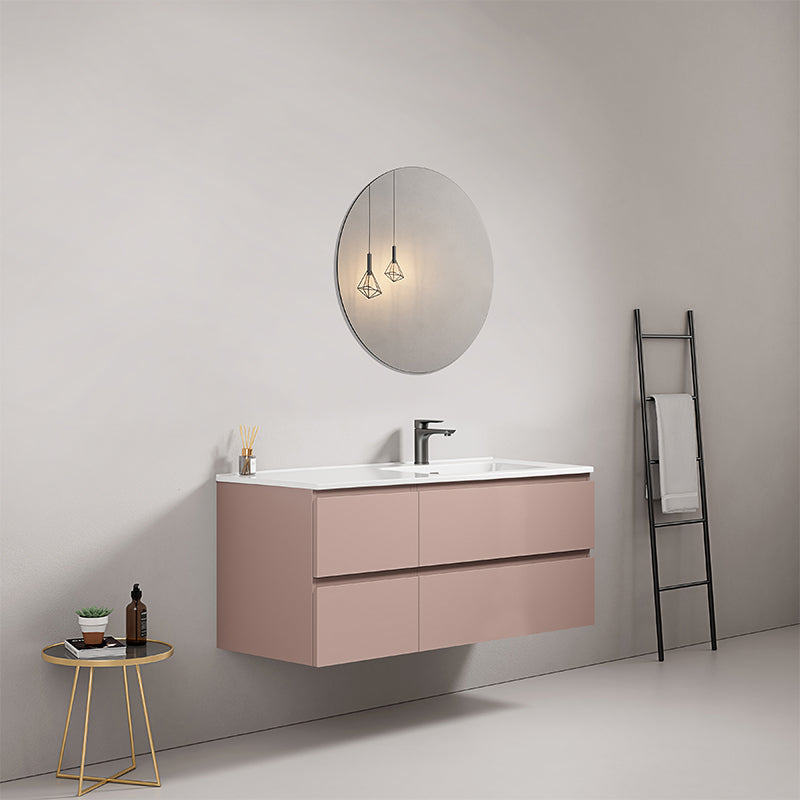 Mobile bagno sospeso 120 cm Rosa Retro Lavabo a Destra in Ceramica Specchio Tondo - Fiji Paint
