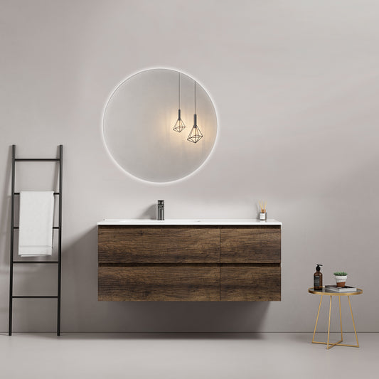 Mobile bagno sospeso 120 cm Bruno Scuro Lavabo a Sinistra in Ceramica Specchio Tondo Retroilluminato - Fiji Wood