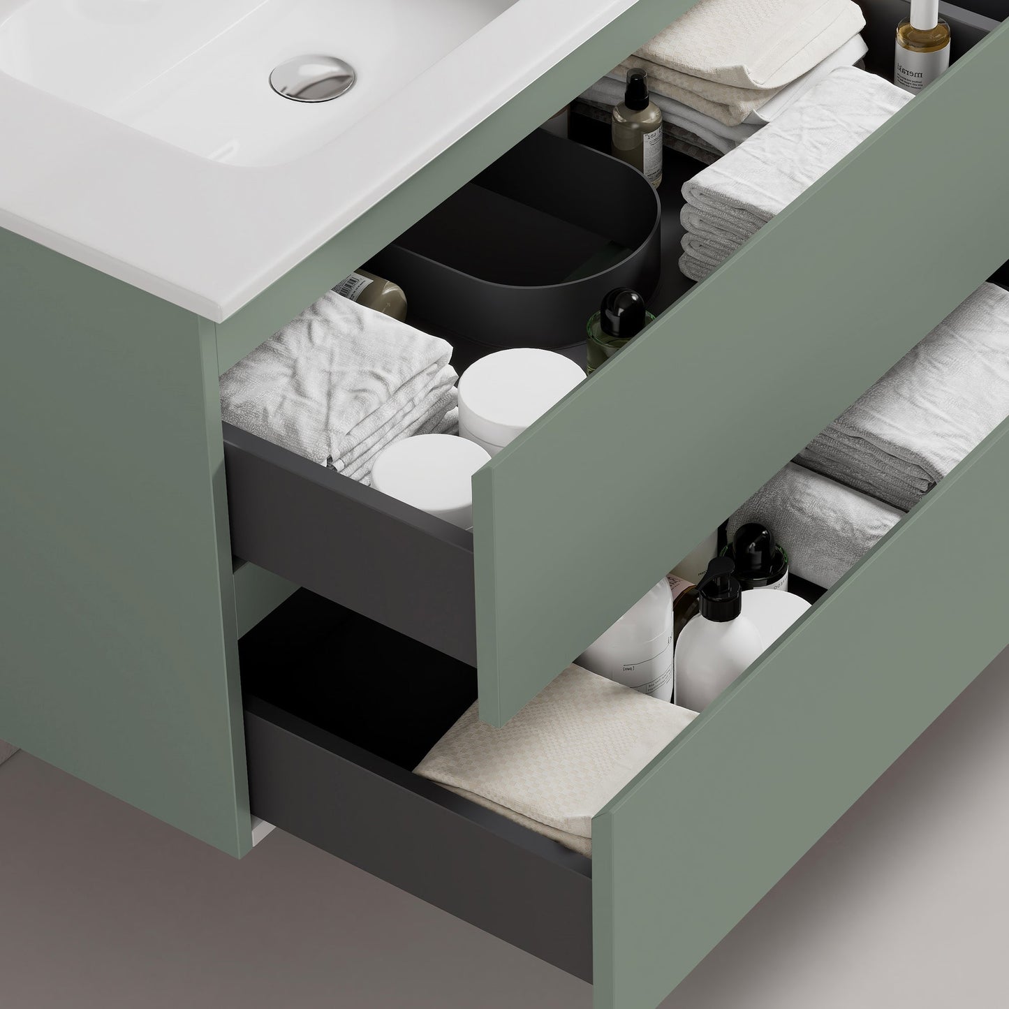 Mobile bagno sospeso 100 cm Verde Salvia Lavabo in Ceramica Specchio Tondo Retroilluminato - Fiji Paint