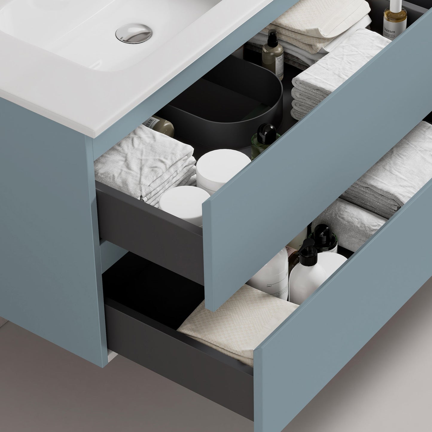 Mobile bagno sospeso 60 cm Blu Avio Lavabo in Ceramica Specchio Tondo Retroilluminato - Fiji Paint