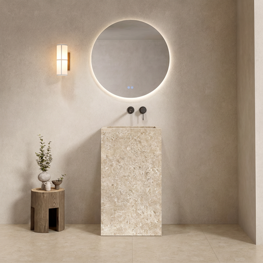 Lavabo Freestanding in Gres Lucido Colosseo Panna 60 cm Specchio Tondo Retroilluminato - Pedestal