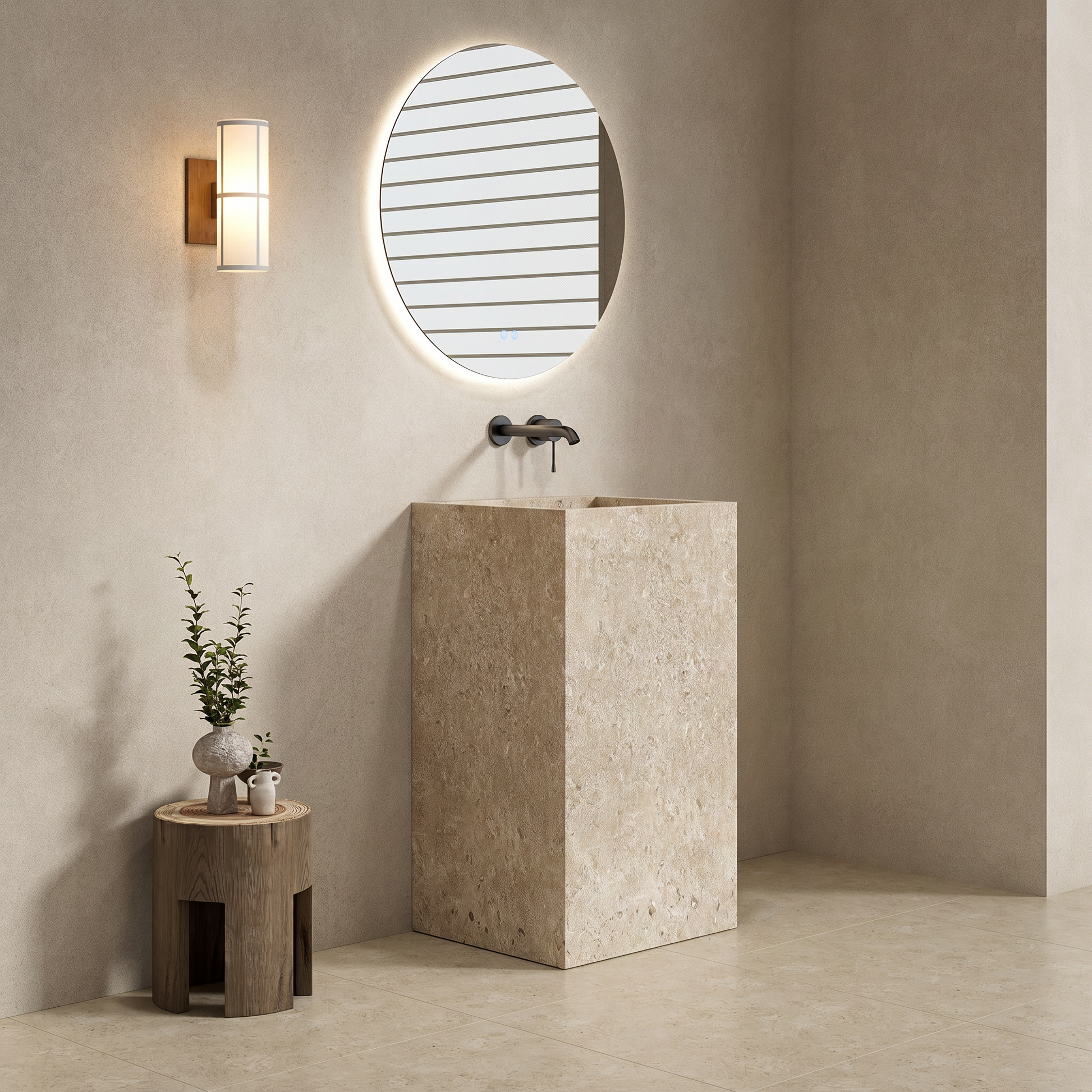 Lavabo Freestanding in Gres Lucido Colosseo Panna 60 cm Specchio Tondo Retroilluminato - Pedestal in un elegante bagno moderno.
