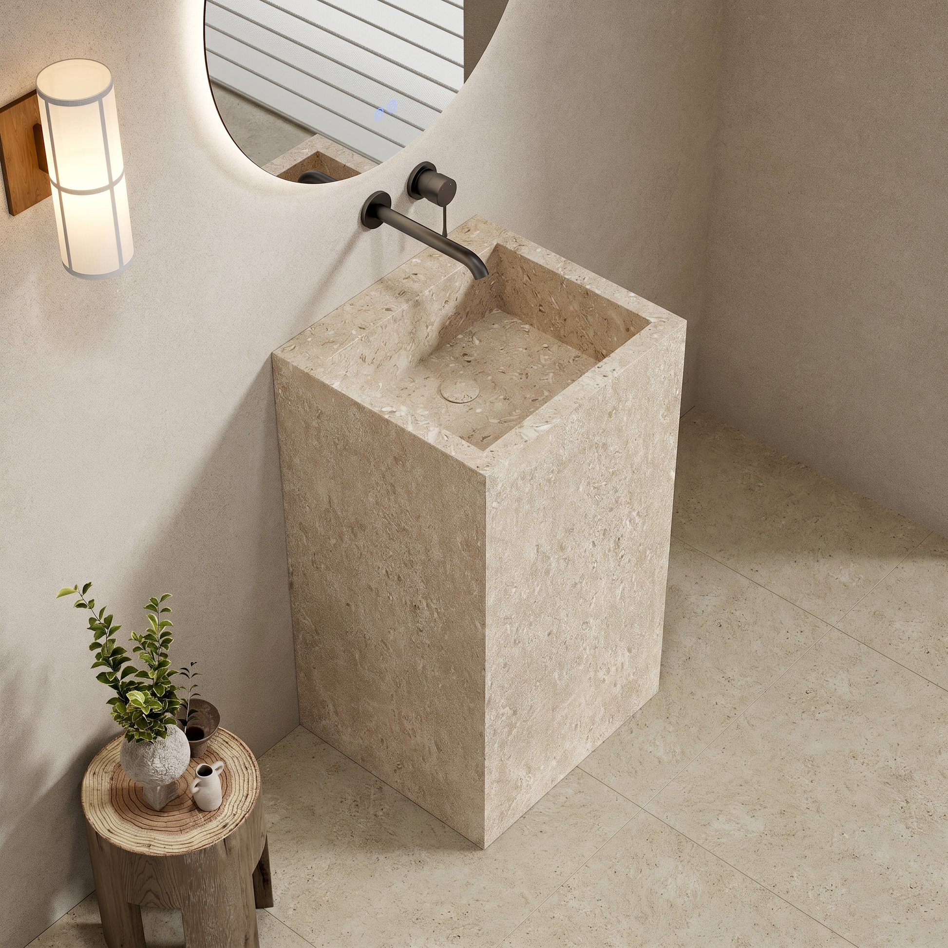 Lavabo Freestanding in Gres Lucido Colosseo Panna 60 cm Specchio Tondo Retroilluminato - Pedestal in un moderno bagno.