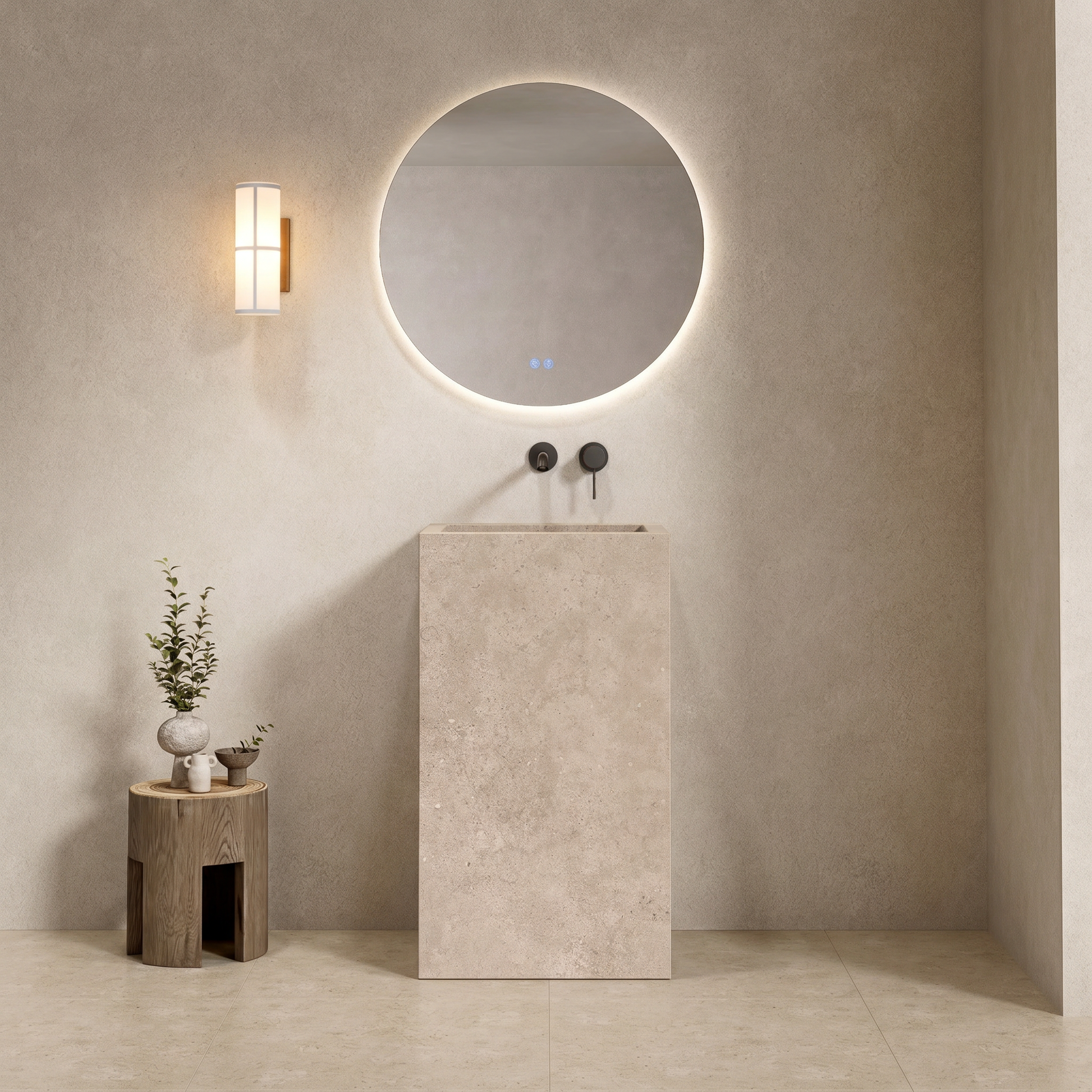 Lavabo Freestanding in Gres Lucido Continental Taupe 60 cm Specchio Tondo Retroilluminato - Pedestal in moderno bagno.