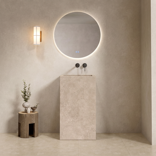 Lavabo Freestanding in Gres Lucido Continental Taupe 60 cm Specchio Tondo Retroilluminato - Pedestal