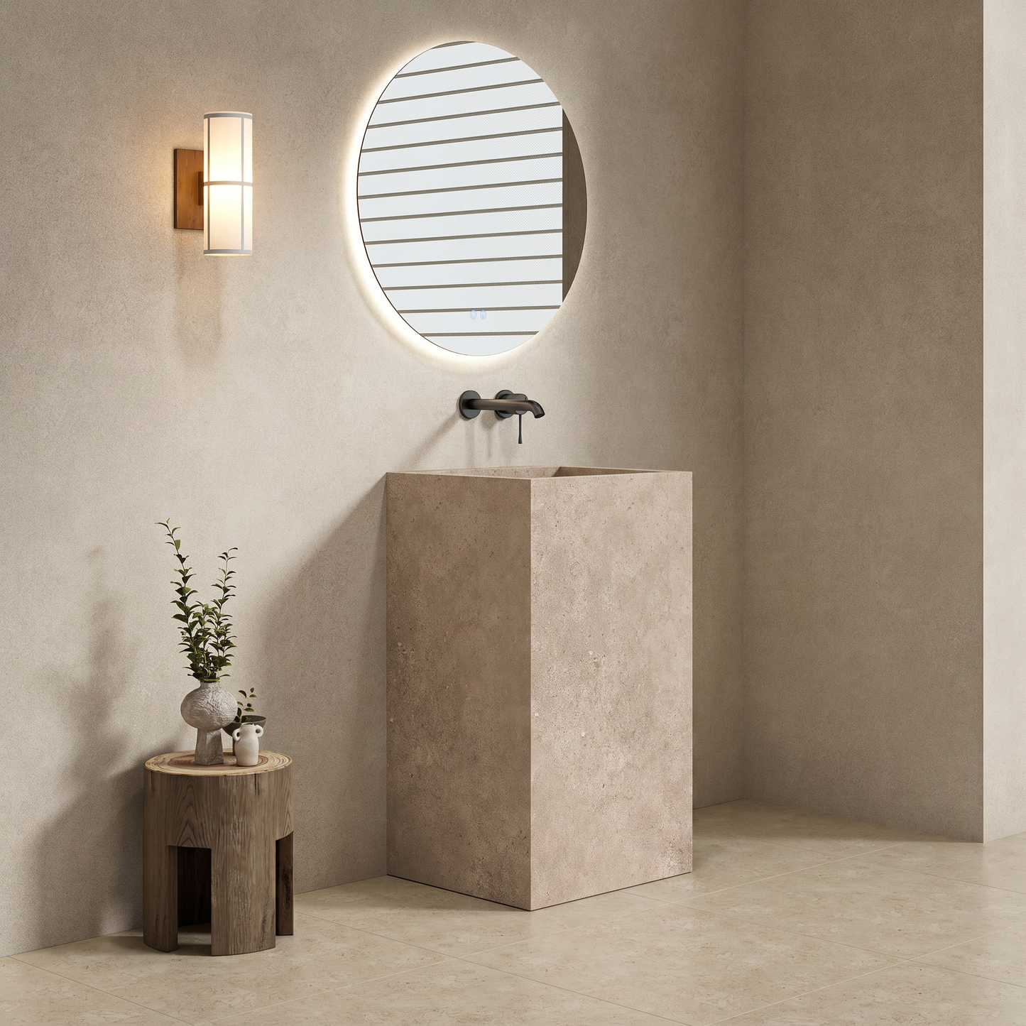 Lavabo Freestanding in Gres Lucido Continental Taupe 60 cm Specchio Tondo Retroilluminato - Pedestal in moderno bagno minimalista.