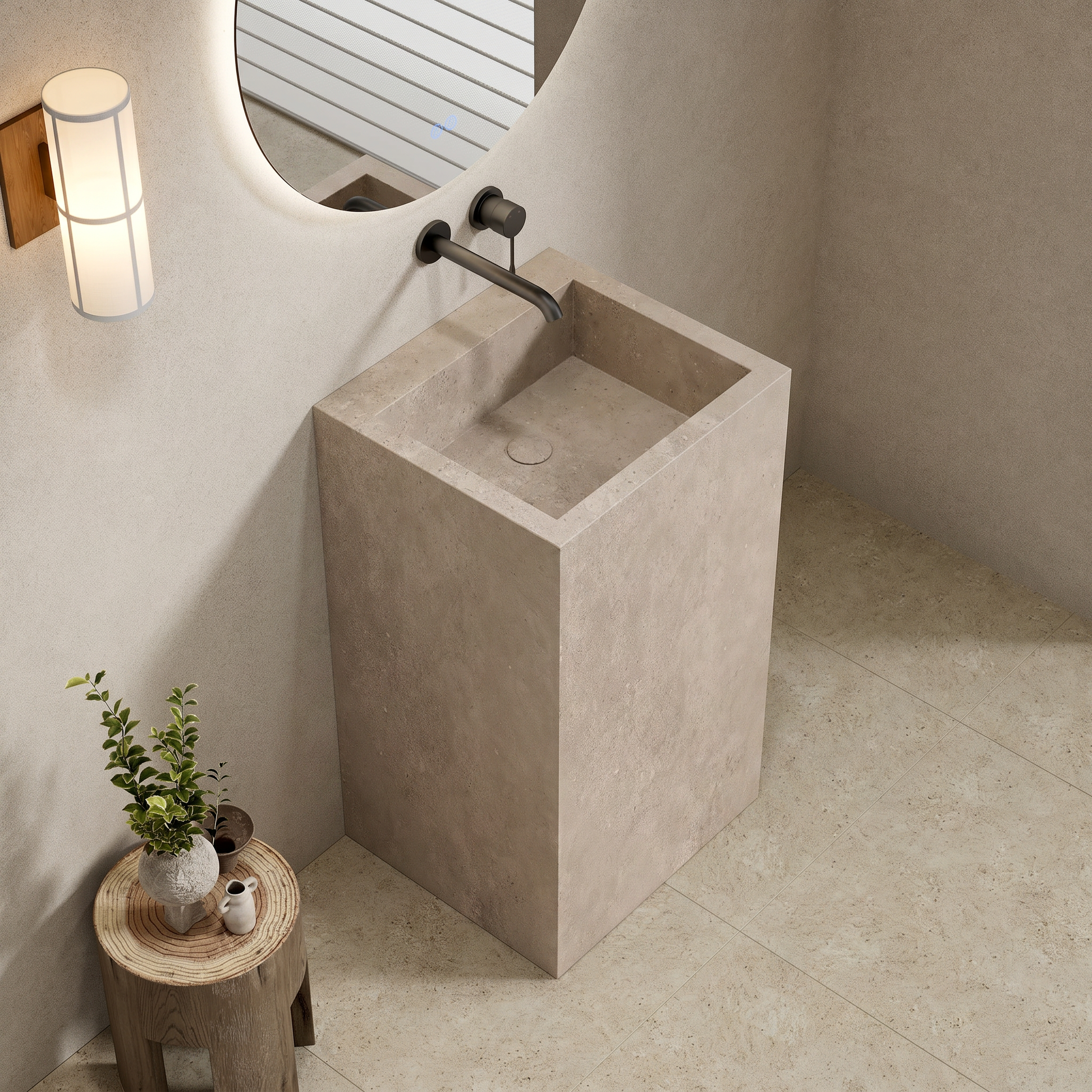 Lavabo Freestanding in Gres Lucido Continental Taupe 60 cm Specchio Tondo Retroilluminato - Pedestal in ambiente moderno.